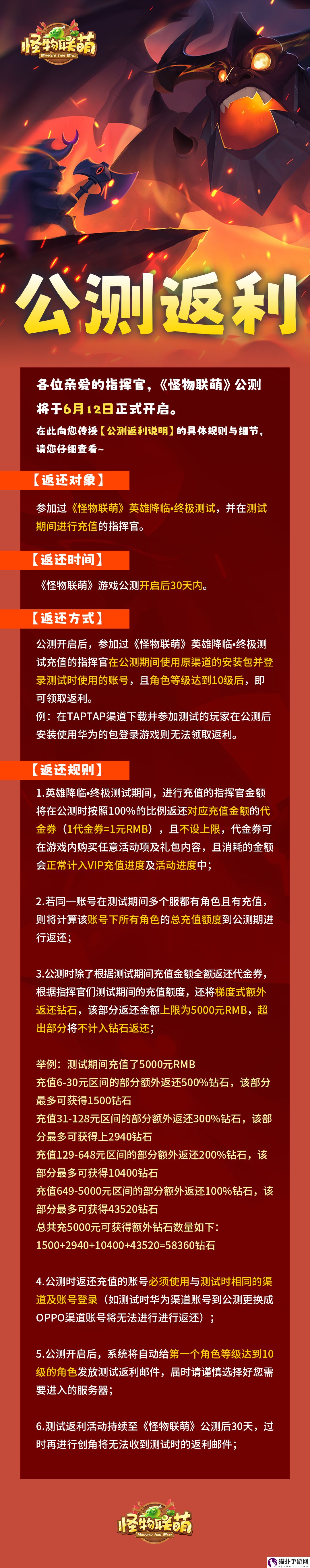 怪物联萌公测返利规则返利规则是怎么样的